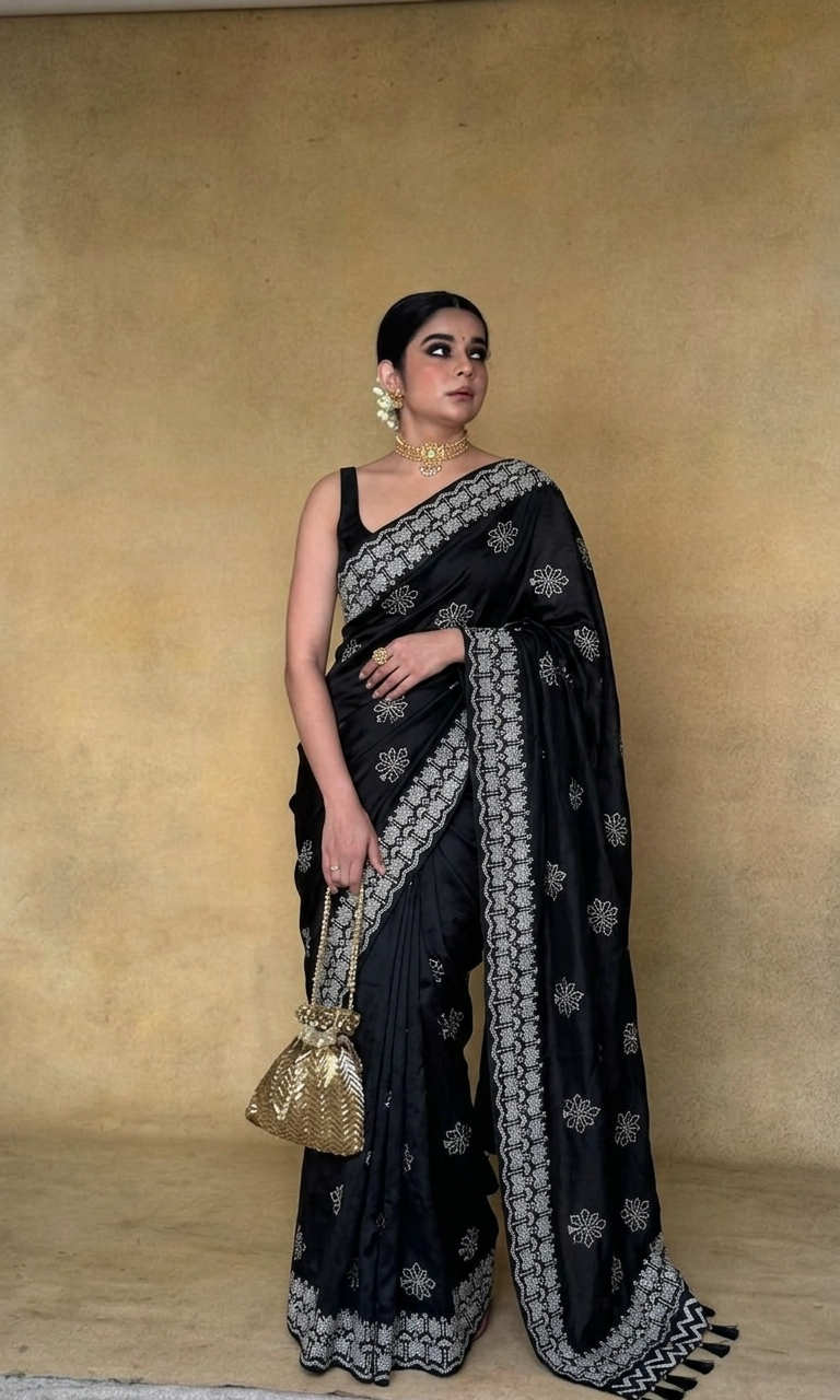 Swarovski Crystal Embellishment On Pure Satin Silk · 80 Artisan Hours of work · The Sunehri Edit