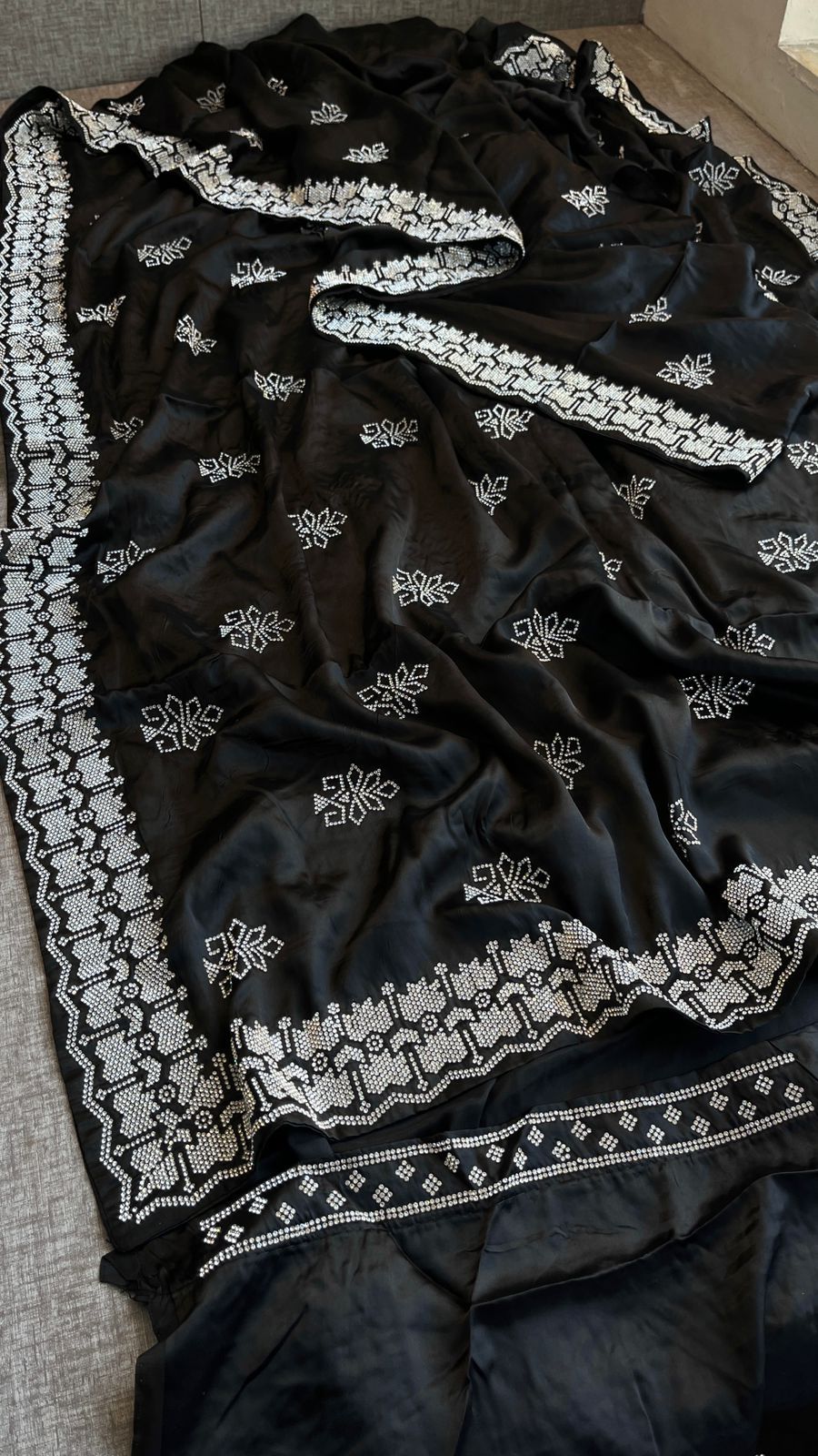 Swarovski Crystal Embellishment On Pure Satin Silk · 80 Artisan Hours of work · The Sunehri Edit