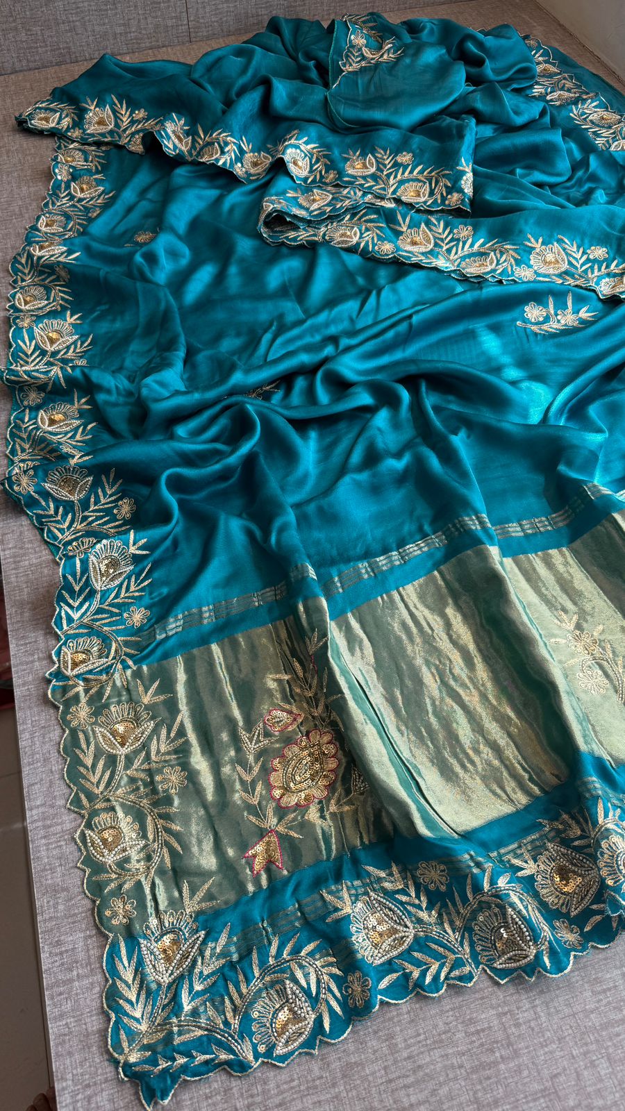 Pure Gajji Silk Lagdi Patta Saree With Zardozi & Pearl Handwork
