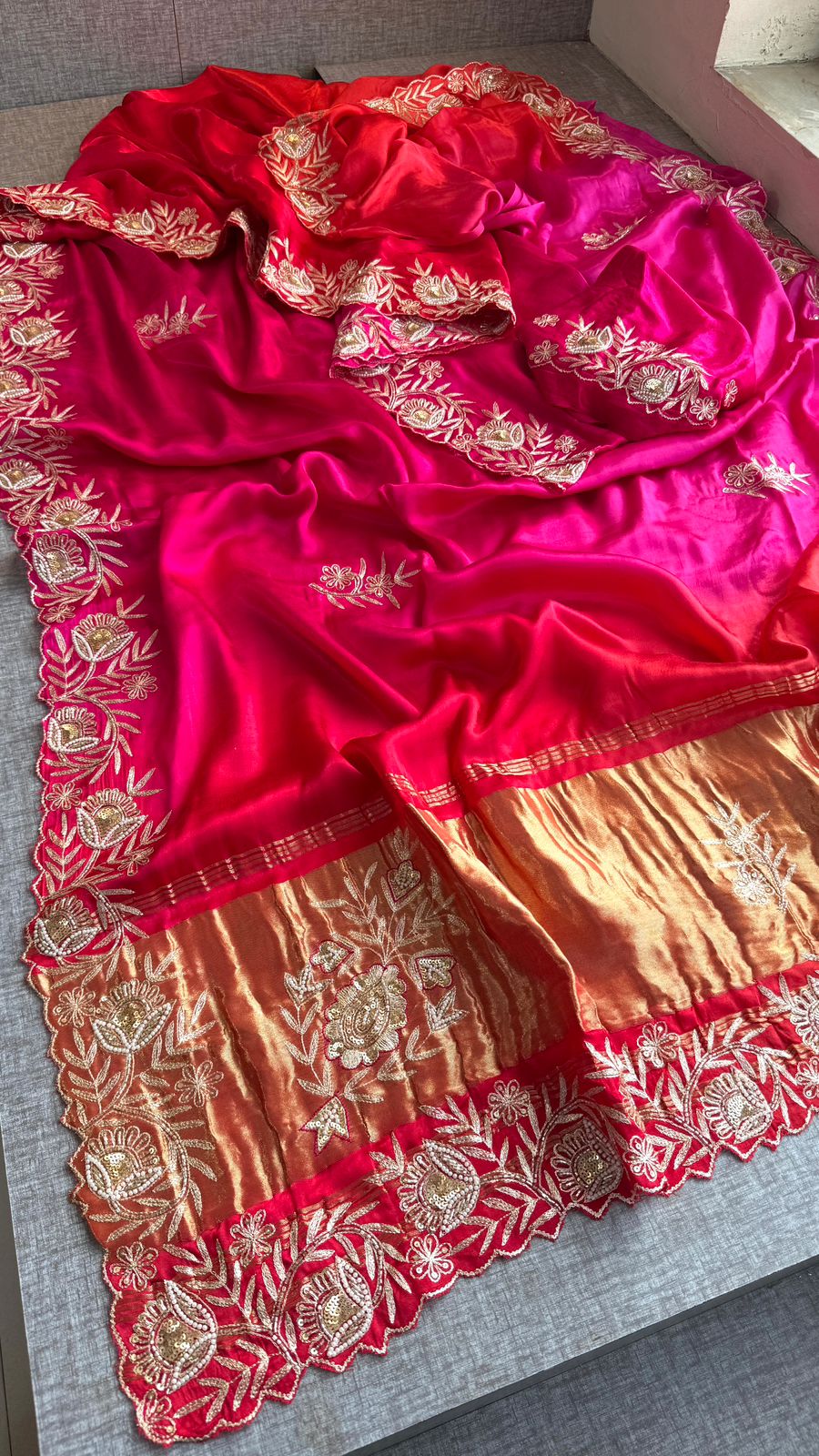 Pure Gajji Silk Lagdi Patta Saree With Zardozi & Pearl Handwork
