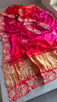 Pure Gajji Silk Lagdi Patta Saree With Zardozi & Pearl Handwork