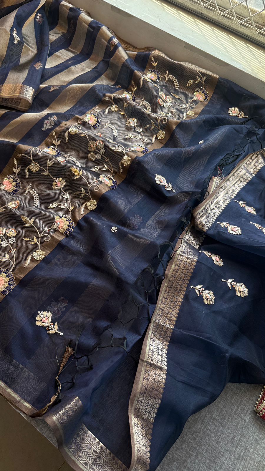 Shaahi Noor Pure Soft Silk Banarasi Saree with Handcrafted Zardozi & Pearl Accents