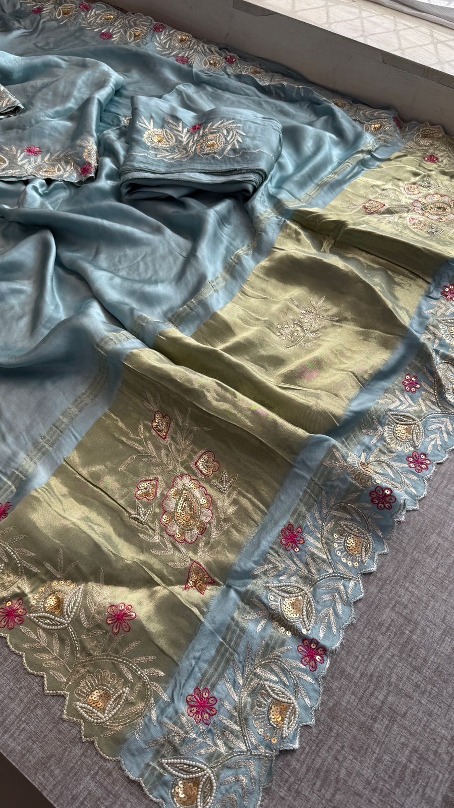 Zardozi And Pearl On Gajji Silk Lakdi Patta · 48 Artisan Hours of work · The Noor Edit