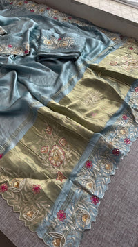 Pure Gajji Silk Lagdi Patta Saree With Zardozi & Pearl Handwork