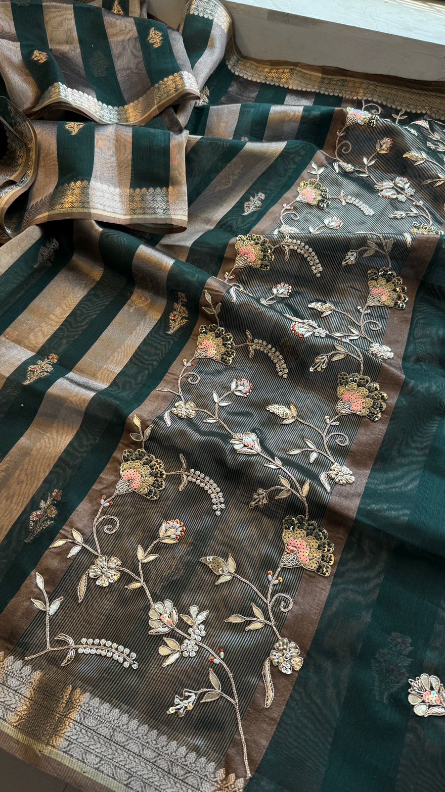 Shaahi Noor Pure Soft Silk Banarasi Saree with Handcrafted Zardozi & Pearl Accents