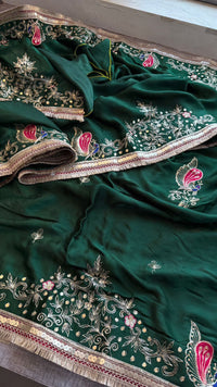 Pure Gajji Silk Lagdi Patta Saree With Sequence, Resham & Kutdana Handwork