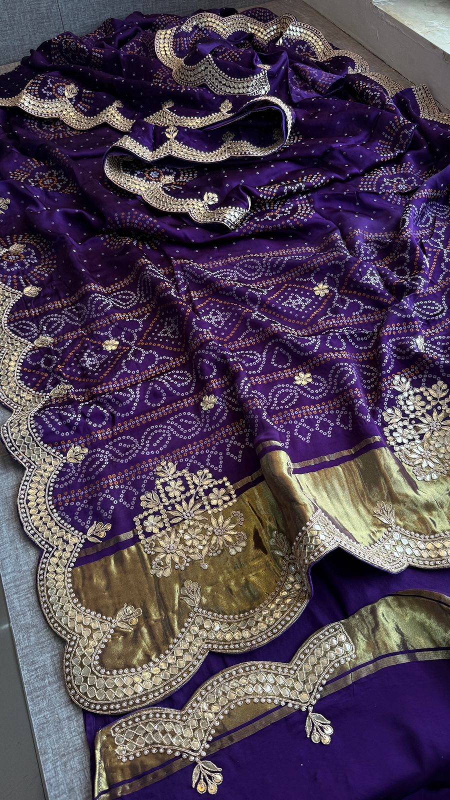 Zardozi And Gotta Patti On Bandhani Gajji Silk Lakdi Patta · 52 Artisan Hours of work · The Sunehri Edit