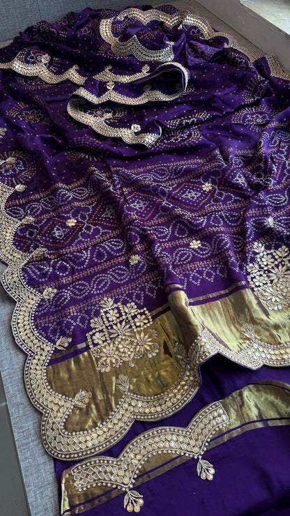 Zardozi And Gotta Patti On Bandhani Gajji Silk Lakdi Patta · 52 Artisan Hours of work · The Sunehri Edit