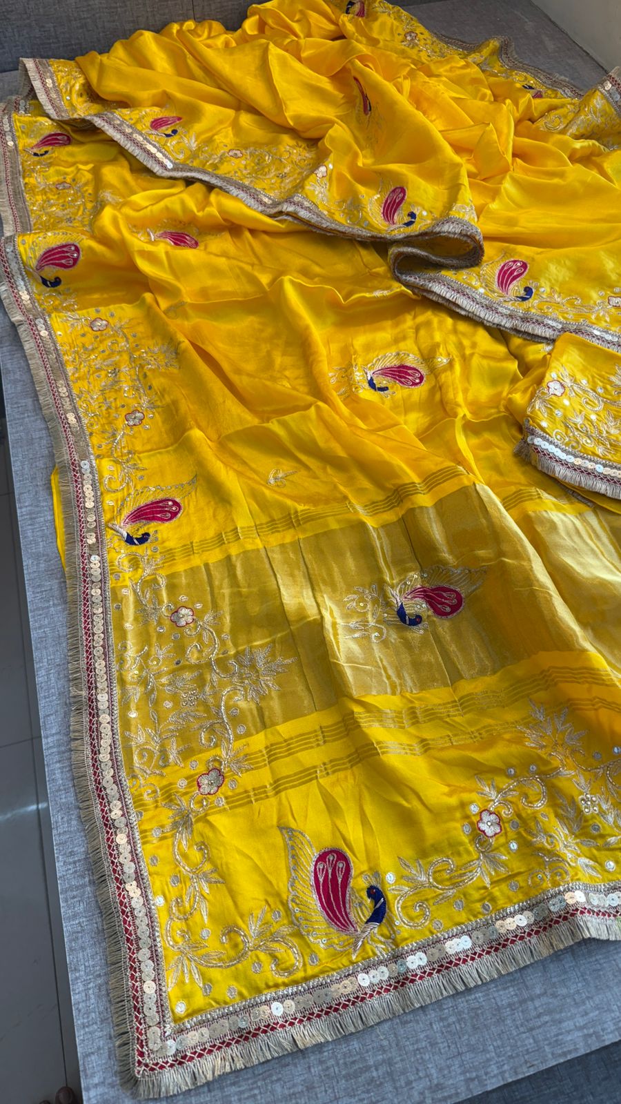 Pure Gajji Silk Lagdi Patta Saree With Sequence, Resham & Kutdana Handwork