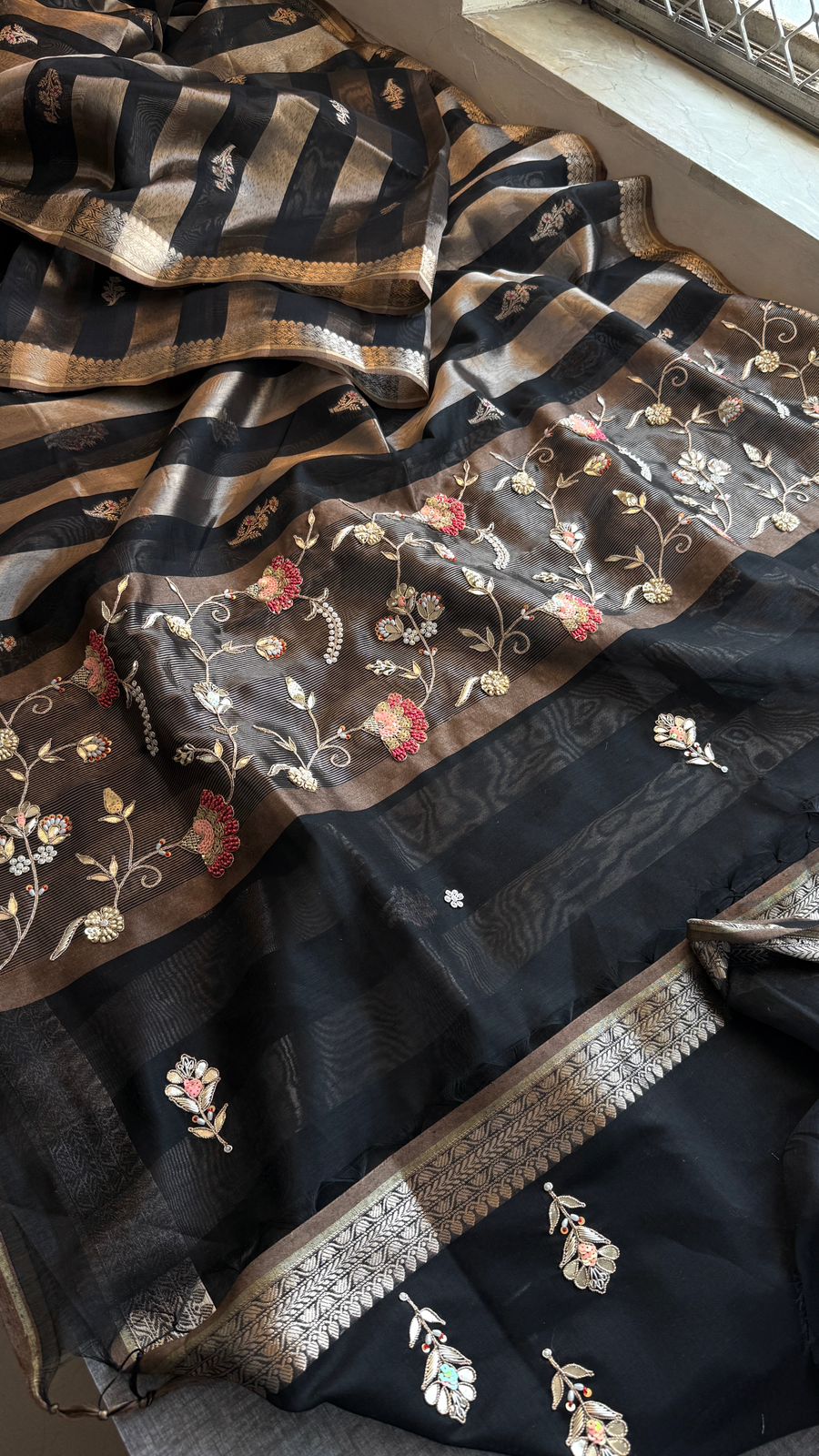Shaahi Noor Pure Soft Silk Banarasi Saree with Handcrafted Zardozi & Pearl Accents