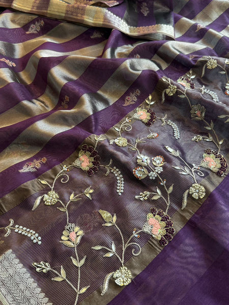 Shaahi Noor Pure Soft Silk Banarasi Saree with Handcrafted Zardozi & Pearl Accents