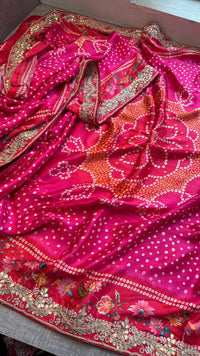 Pure Gajji Silk Lakdi Patta Digital Print Saree With Gotapatti & Zardozi Work