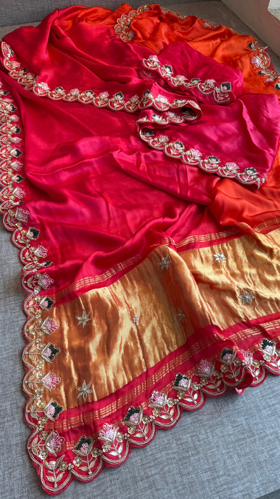 Pure Gajji Silk Lagdi Patta Saree With Zardozi, Gotapatti & Pearl Work