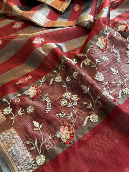 Shaahi Noor Pure Soft Silk Banarasi Saree with Handcrafted Zardozi & Pearl Accents