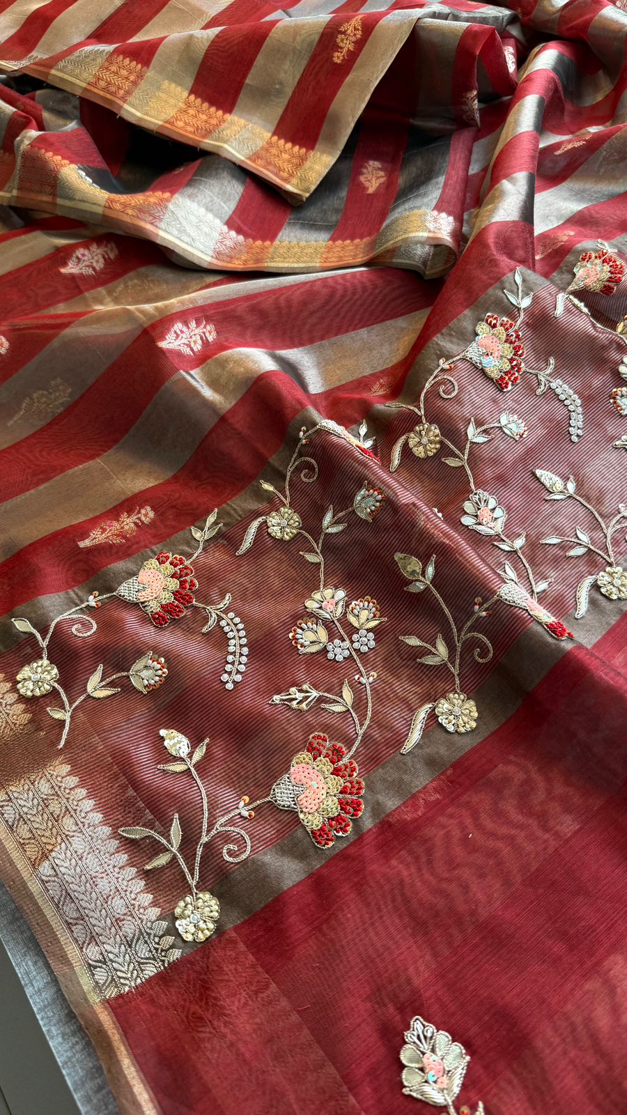 Shaahi Noor Pure Soft Silk Banarasi Saree with Handcrafted Zardozi & Pearl Accents