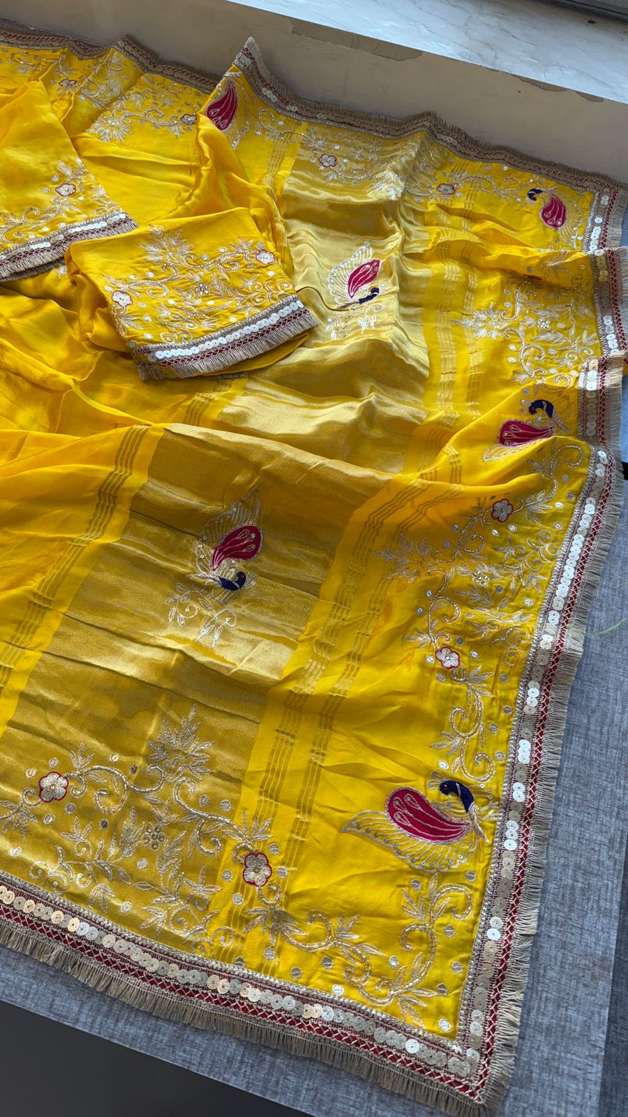 Pure Gajji Silk Lagdi Patta Saree With Sequence, Resham & Kutdana Handwork