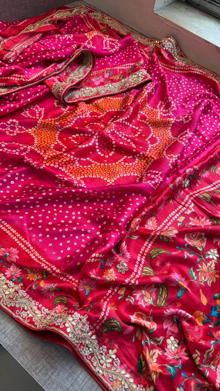 Pure Gajji Silk Lakdi Patta Digital Print Saree With Gotapatti & Zardozi Work