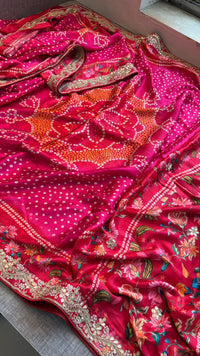 Pure Gajji Silk Lakdi Patta Digital Print Saree With Gotapatti & Zardozi Work