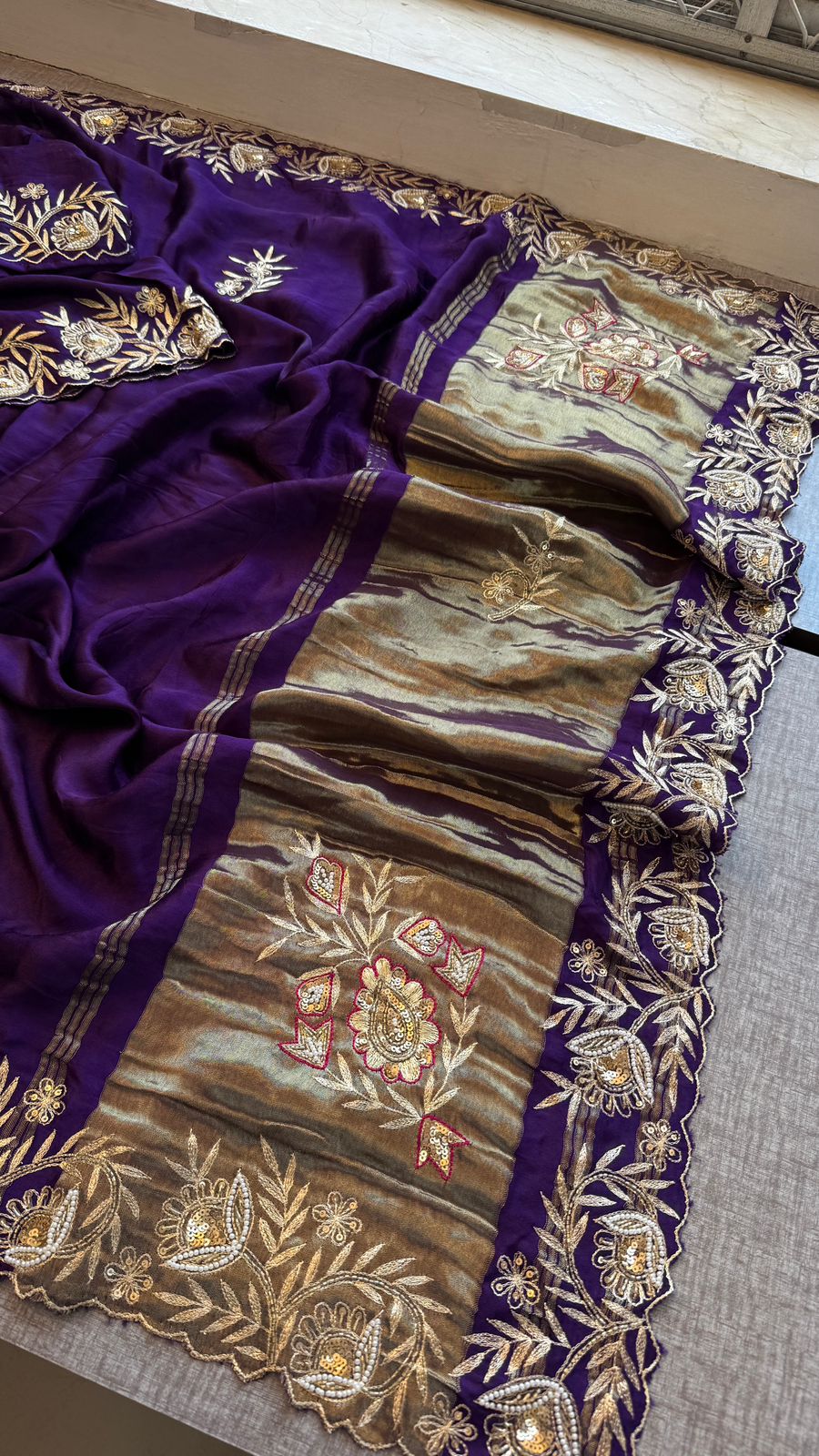 Pure Gajji Silk Lagdi Patta Saree With Zardozi & Pearl Handwork