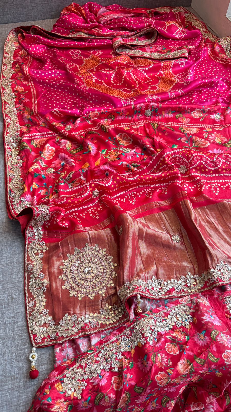 Pure Gajji Silk Lakdi Patta Digital Print Saree With Gotapatti & Zardozi Work