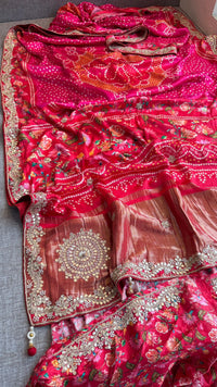 Pure Gajji Silk Lakdi Patta Digital Print Saree With Gotapatti & Zardozi Work