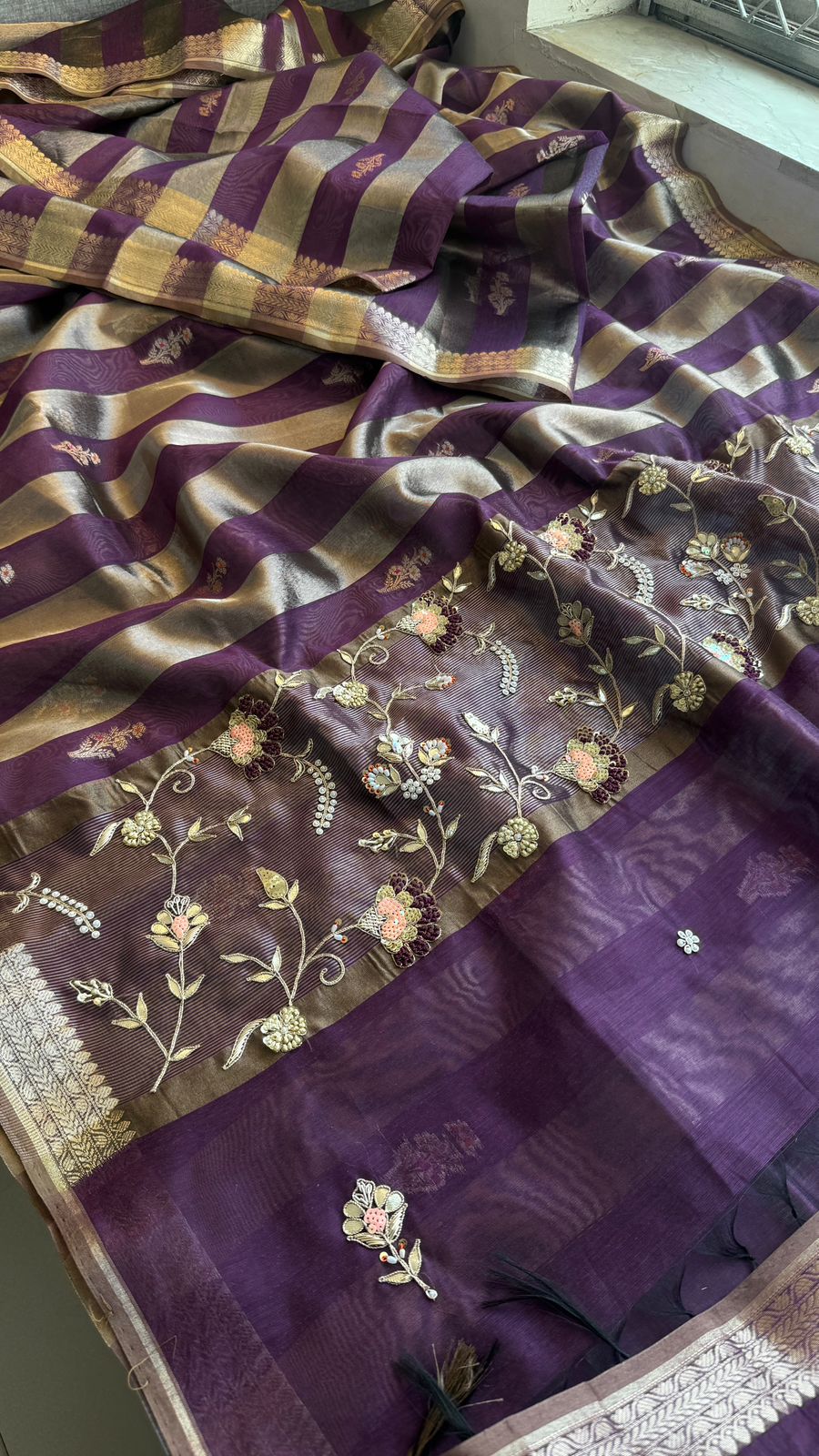 Shaahi Noor Pure Soft Silk Banarasi Saree with Handcrafted Zardozi & Pearl Accents
