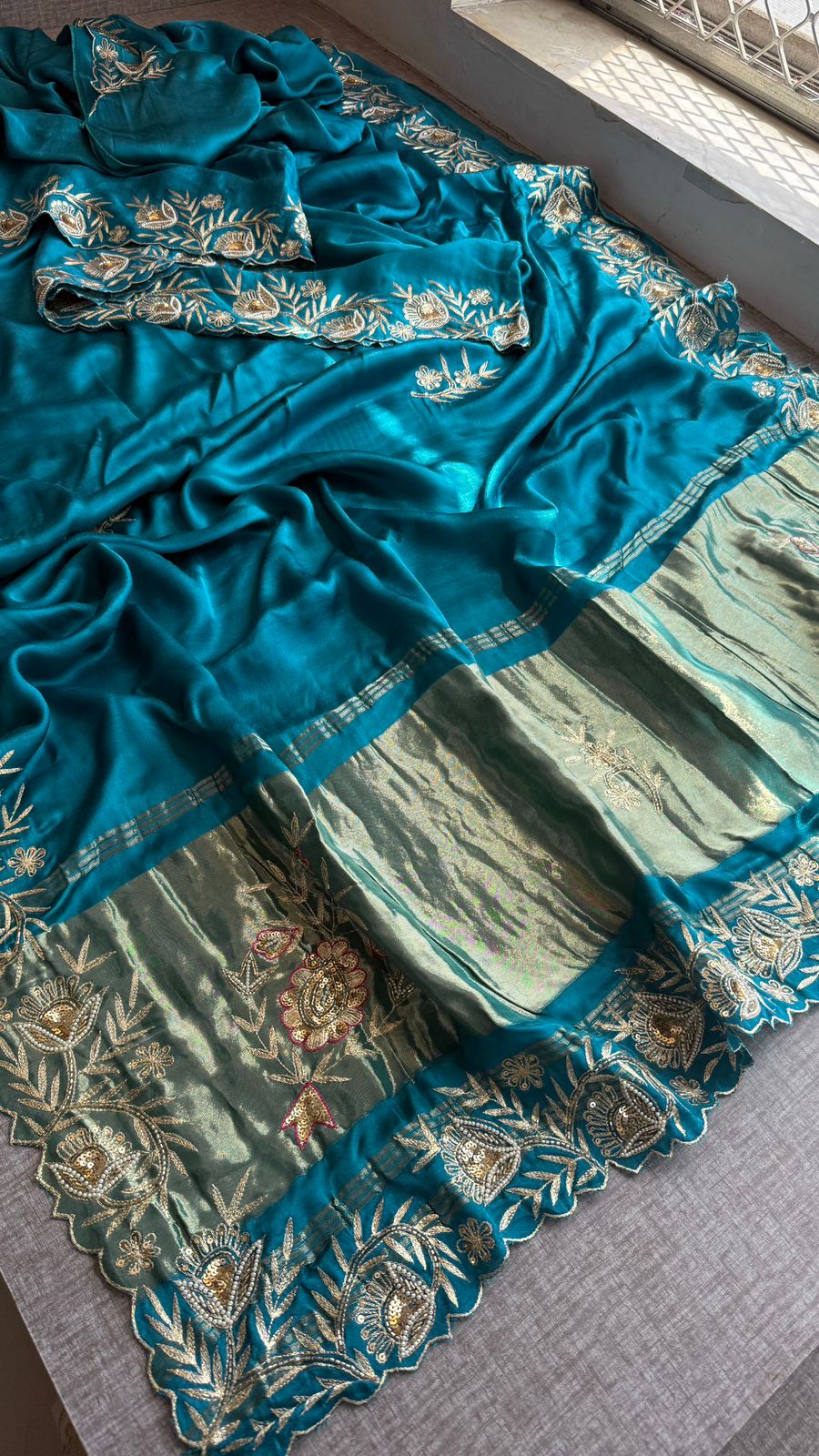 Pure Gajji Silk Lagdi Patta Saree With Zardozi & Pearl Handwork