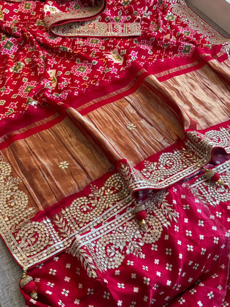 Rangila Aura Pure Gajji Silk Lagdi Patta Saree with Digital Print & Gotapatti Work