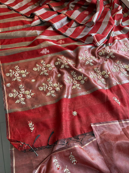 Viraasat Luxe Pure Banarasi Soft Silk Saree with Zardozi, Resham & Pearl Detailing