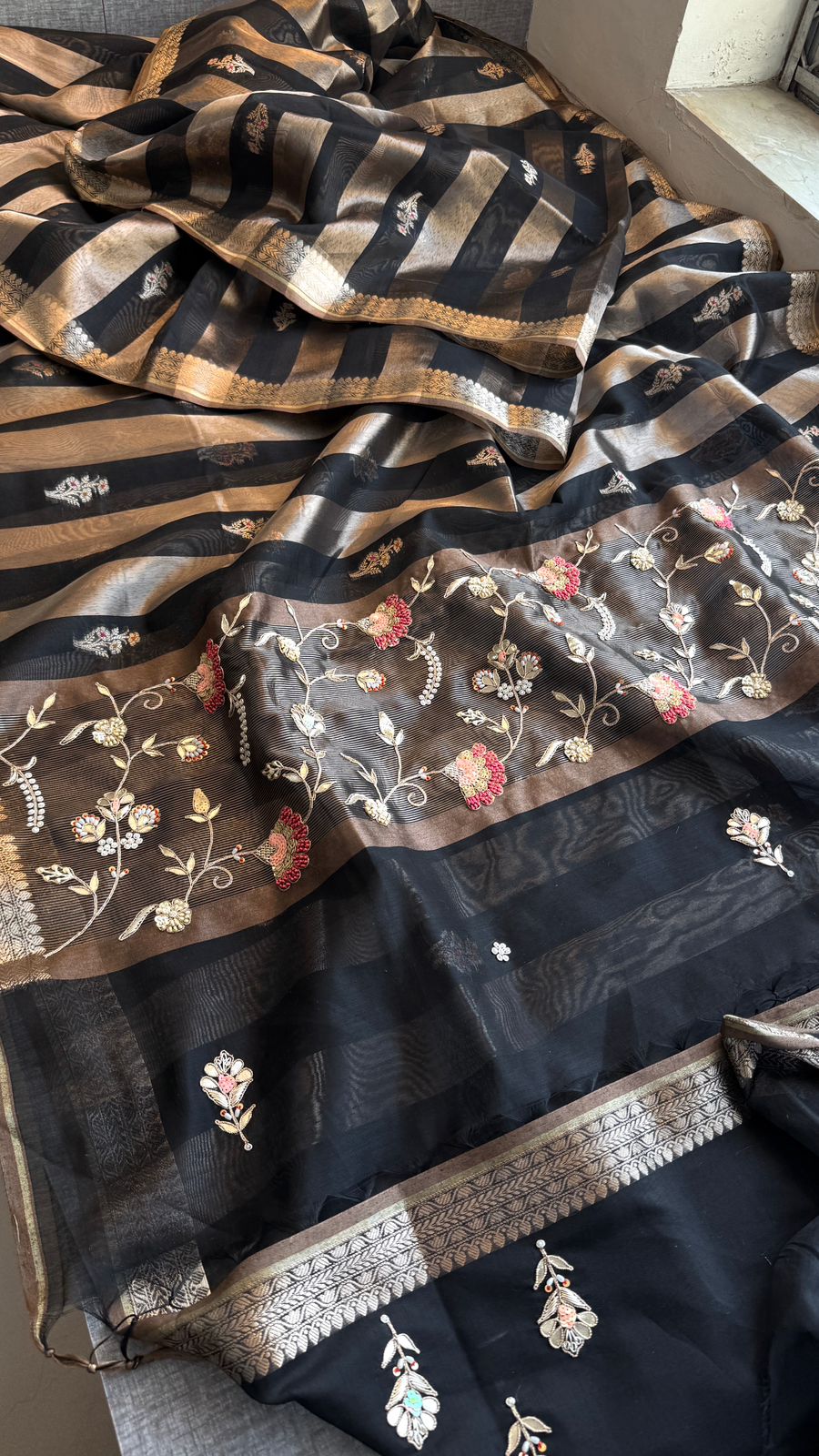 Shaahi Noor Pure Soft Silk Banarasi Saree with Handcrafted Zardozi & Pearl Accents