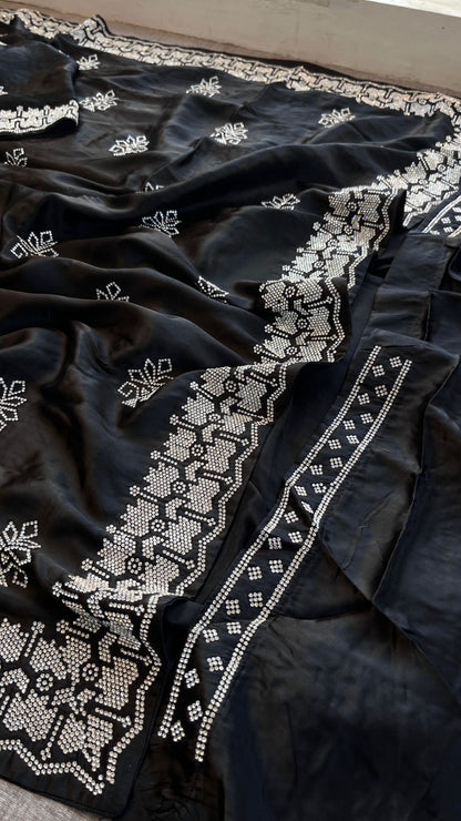 Swarovski Crystal Embellishment On Pure Satin Silk · 80 Artisan Hours of work · The Sunehri Edit