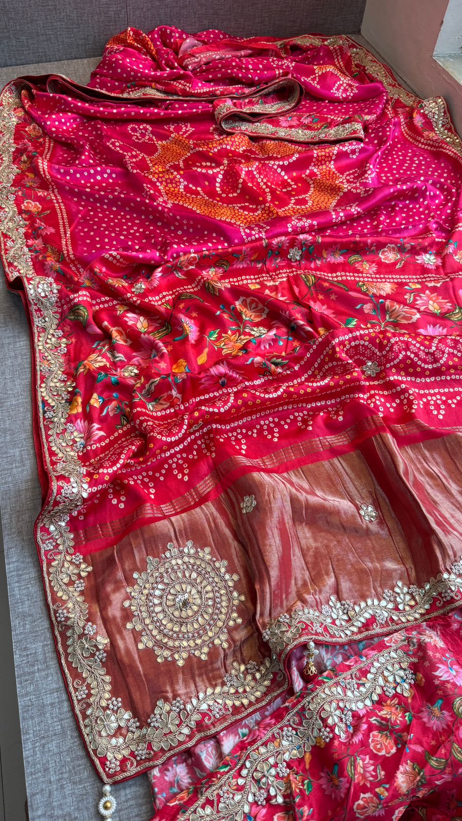 Pure Gajji Silk Lakdi Patta Digital Print Saree With Gotapatti & Zardozi Work