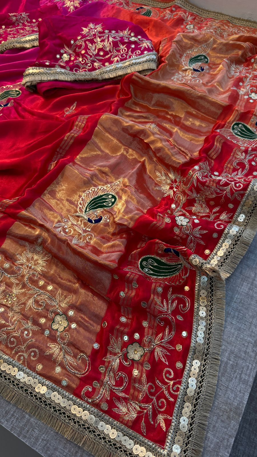 Pure Gajji Silk Lagdi Patta Saree With Sequence, Resham & Kutdana Handwork