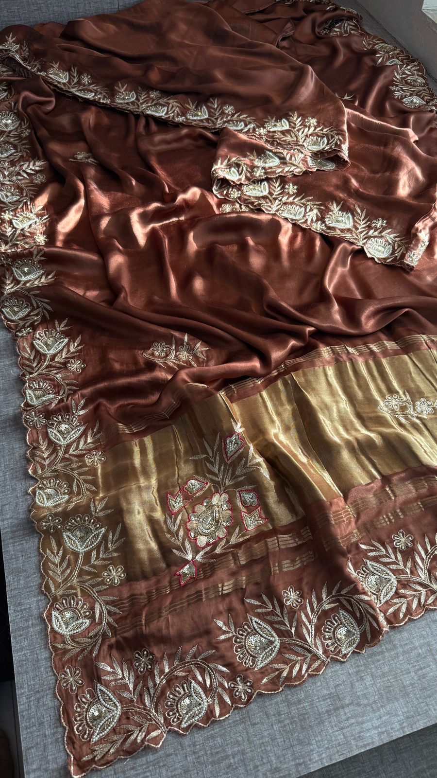 Pure Gajji Silk Lagdi Patta Saree With Zardozi & Pearl Handwork