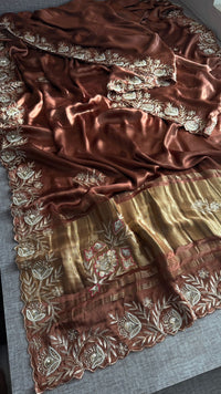 Pure Gajji Silk Lagdi Patta Saree With Zardozi & Pearl Handwork