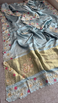Pure Gajji Silk Lagdi Patta Saree With Zardozi & Pearl Handwork