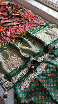 Pure Gajji Silk Lakdi Patta Digital Print Saree With Gotapatti & Zardozi Work