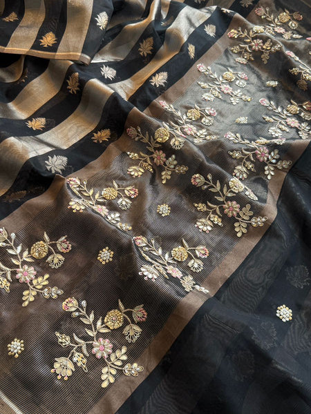 Viraasat Luxe Pure Banarasi Soft Silk Saree with Zardozi, Resham & Pearl Detailing