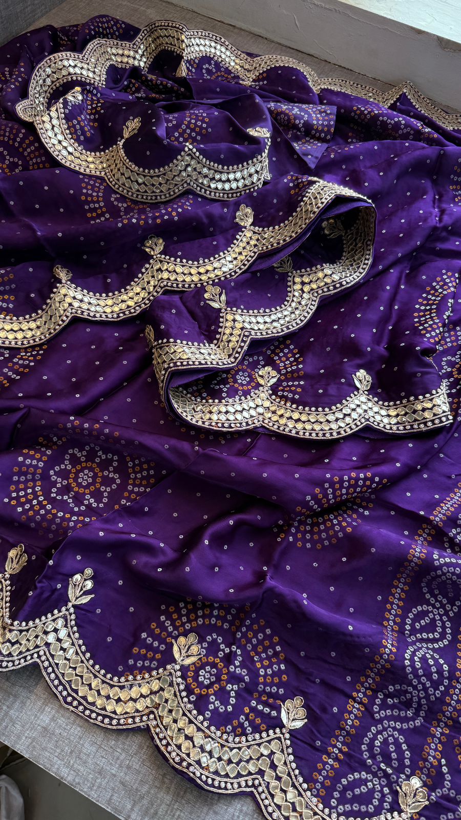 Zardozi And Gotta Patti On Bandhani Gajji Silk Lakdi Patta · 52 Artisan Hours of work · The Sunehri Edit