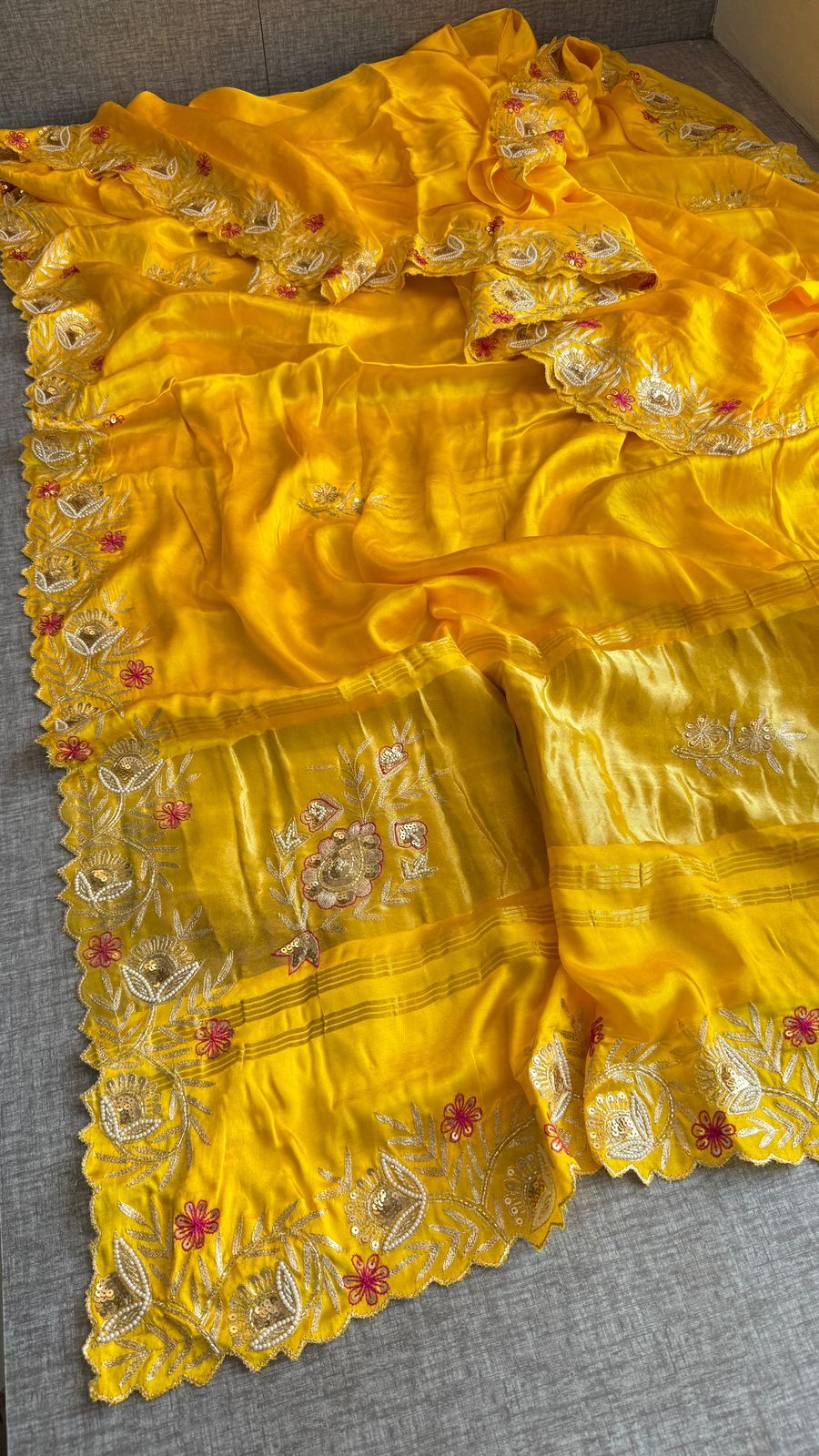 Pure Gajji Silk Lagdi Patta Saree With Zardozi & Pearl Handwork