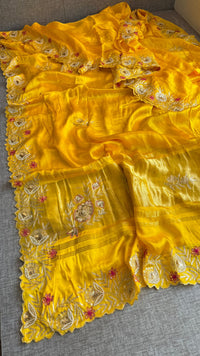 Pure Gajji Silk Lagdi Patta Saree With Zardozi & Pearl Handwork