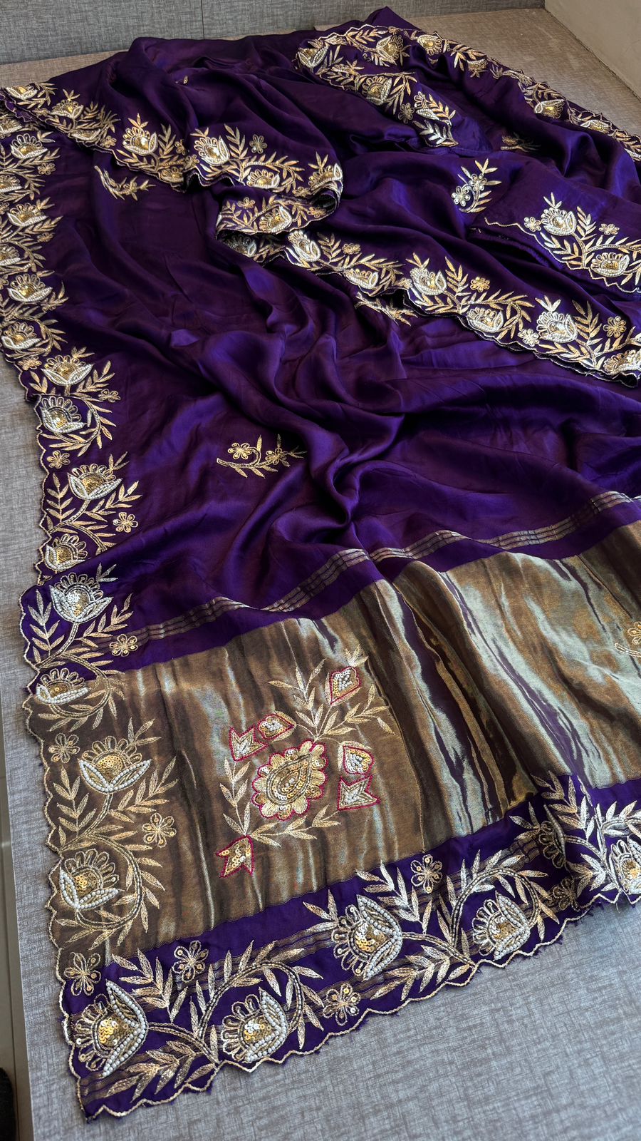 Pure Gajji Silk Lagdi Patta Saree With Zardozi & Pearl Handwork