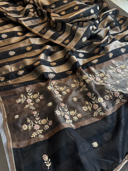 Viraasat Luxe Pure Banarasi Soft Silk Saree with Zardozi, Resham & Pearl Detailing