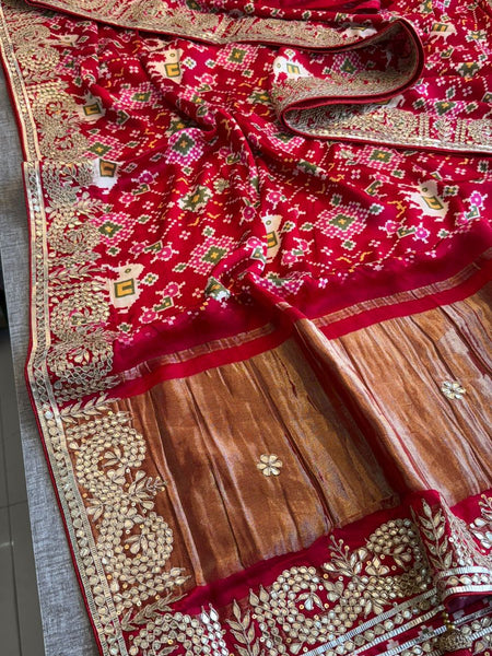 Rangila Aura Pure Gajji Silk Lagdi Patta Saree with Digital Print & Gotapatti Work